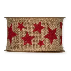 Cinta de Yute Estampada Estrellas Rojas 50mm Telas, Sedas Y Fieltro