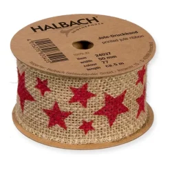 Cinta de Yute Estampada Estrellas Rojas 50mm Telas, Sedas Y Fieltro