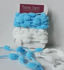 Cintas de pompones azul y blanco Telas, Sedas Y Fieltro