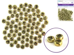 Cuentas Redondas Oro con Abecedario en Negro 7mm Bisutería