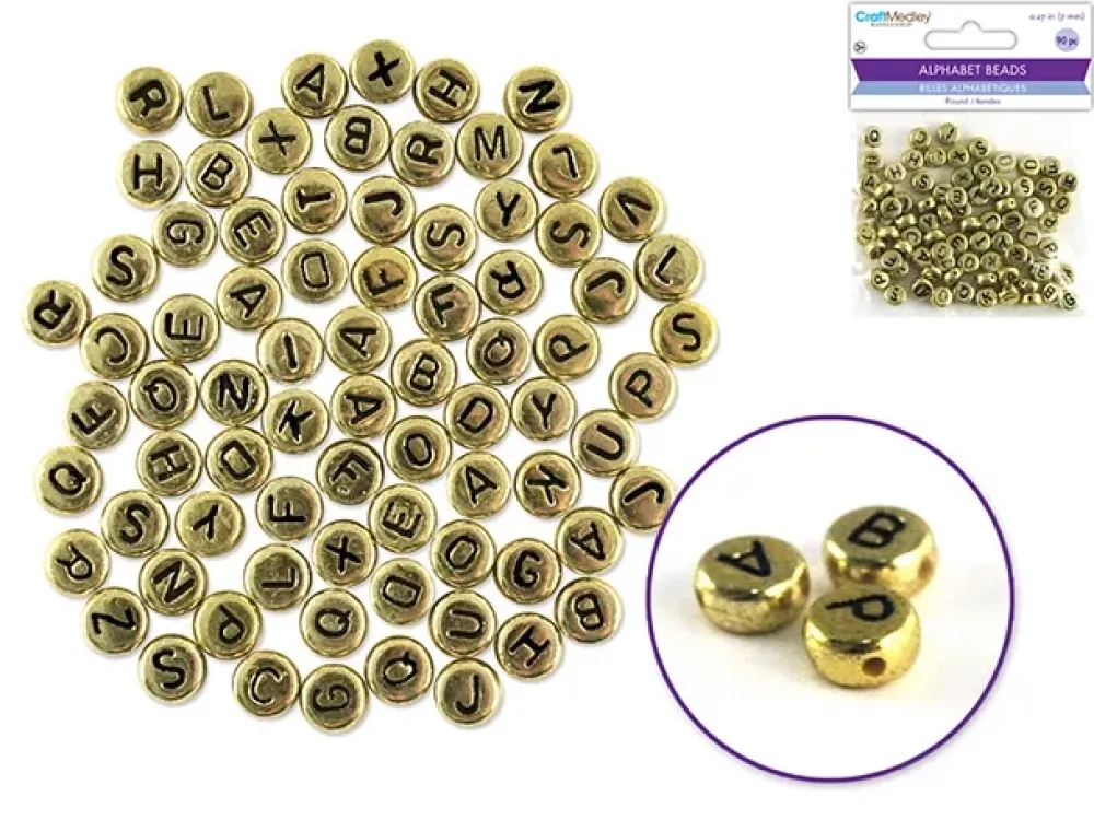 Cuentas Redondas Oro con Abecedario en Negro 7mm Bisutería