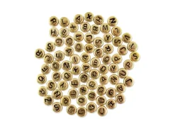 Cuentas Redondas Oro con Abecedario en Negro 7mm Bisutería