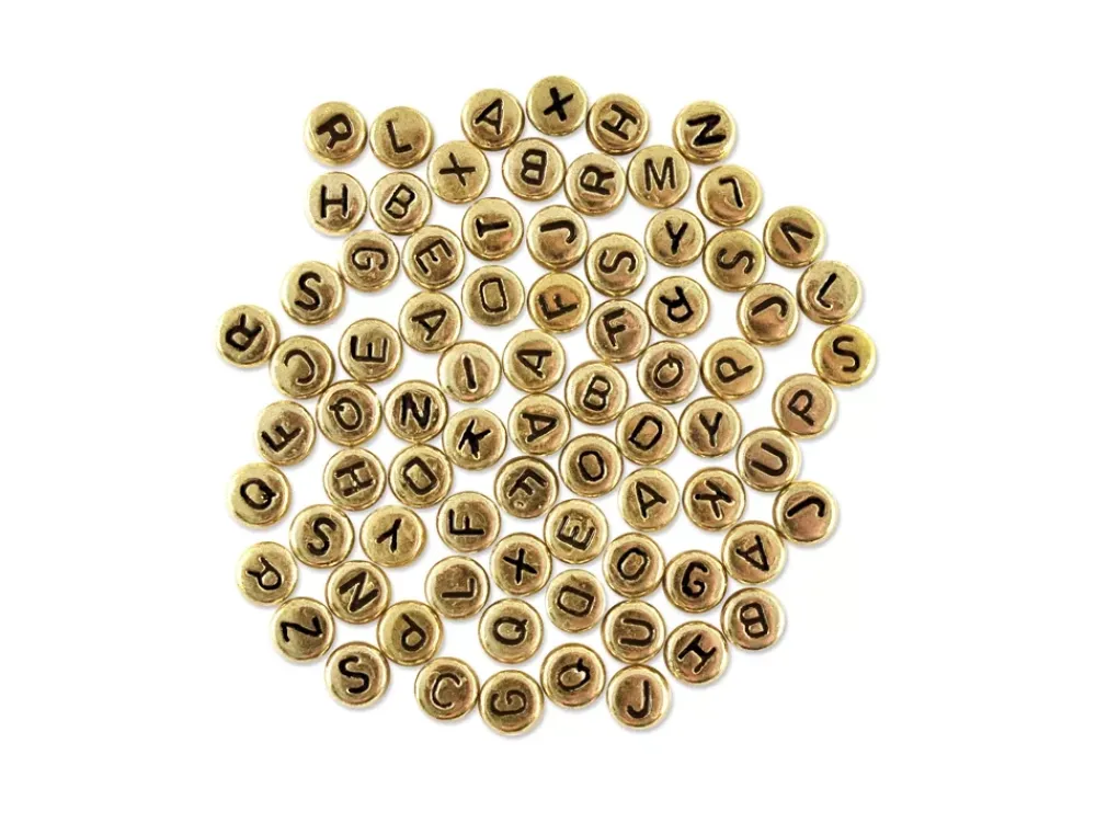 Cuentas Redondas Oro con Abecedario en Negro 7mm Bisutería