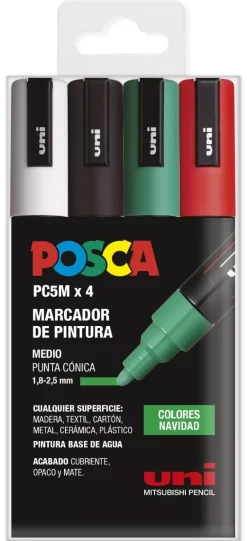 New Estuche 4 Rotuladores PC5M Medio Punta Cónica Navidad Uni Rotuladores
