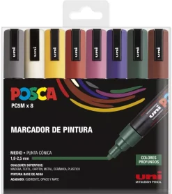 New Estuche 8 Rotuladores PC5M Medio Punta Cónica Colores Oscuros Uni Rotuladores