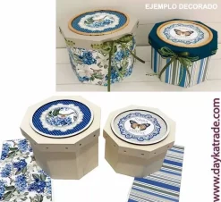 Kit 2 Cajas Octogonales Lazos Flores Azules Maderas|Organización