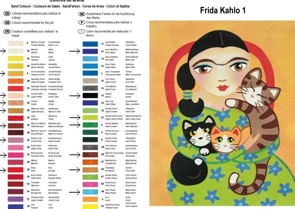 Sale Kit Pintar con Arenas de Colores Frida Kahlo Gatos 38x46cm Arenas