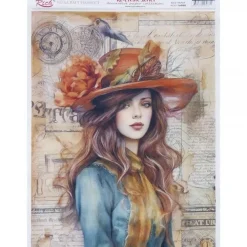New Papel de Arroz Mujer con Sombrero Vintage 29x42cm Decoupage