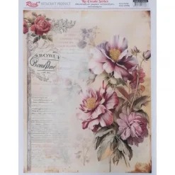 Papel de Arroz Texto y Flores Vintage 29x42cm Decoupage